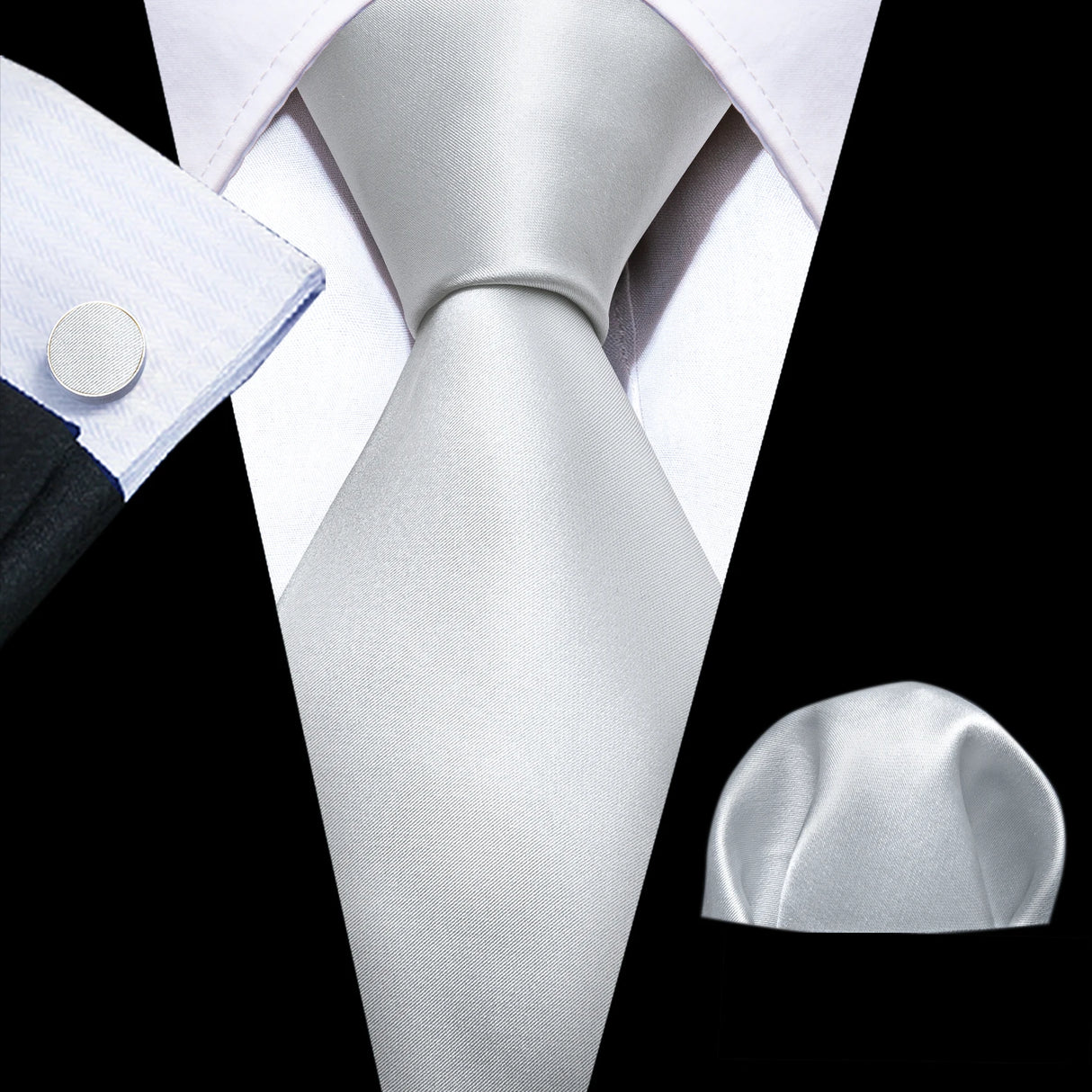 Silk Men Tie Handkerchief Cufflinks Set dirty white