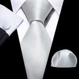 Silk Men Tie Handkerchief Cufflinks Set dirty white