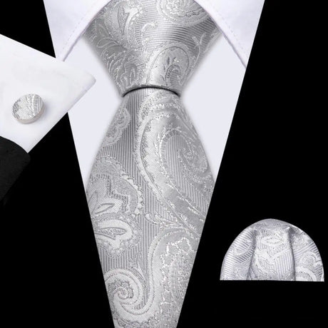 Silk Men Tie Handkerchief Cufflinks Set grey