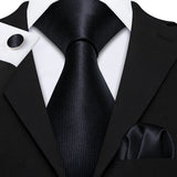 Silk Men Tie Handkerchief Cufflinks Set black