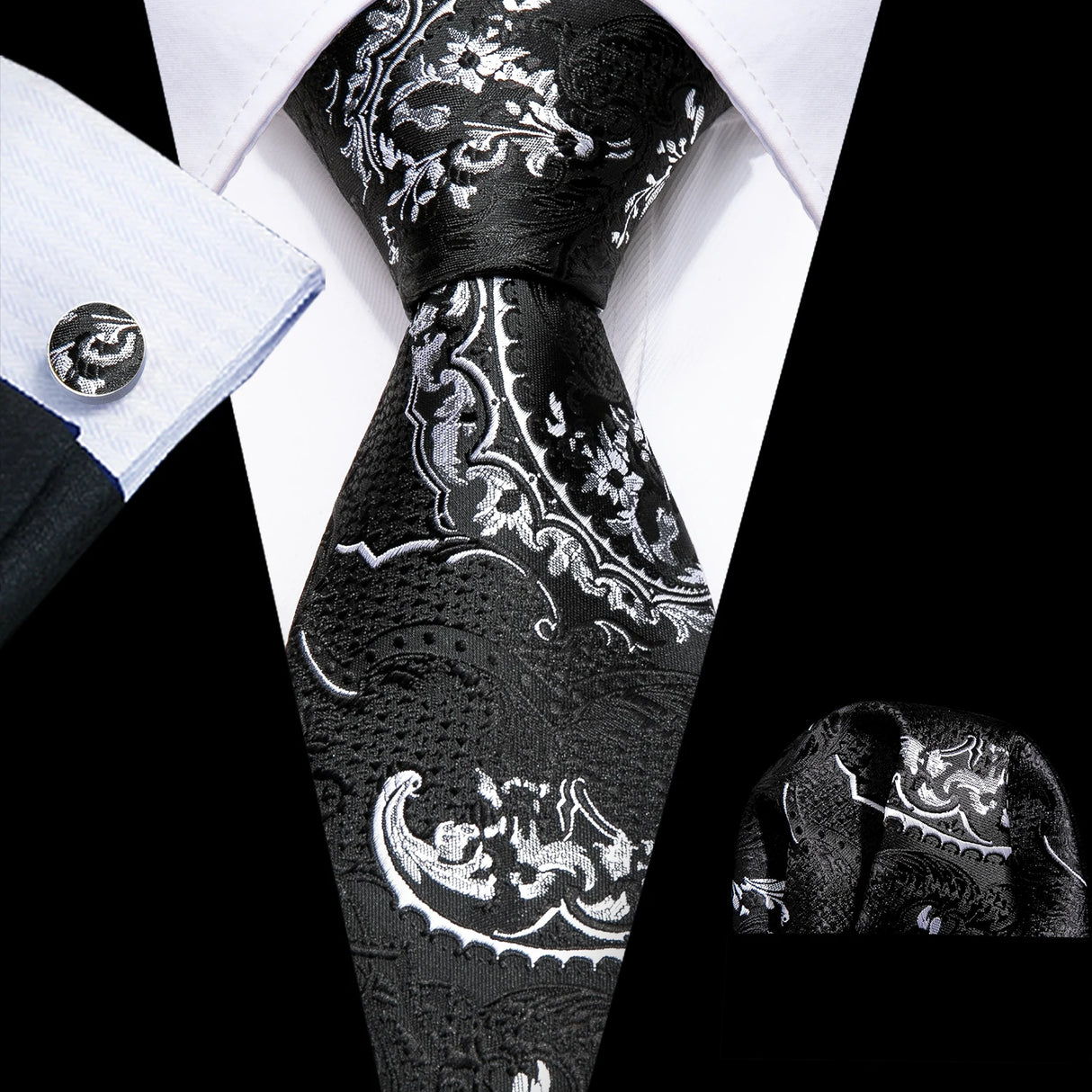 Silk Men Tie Handkerchief Cufflinks Set black white