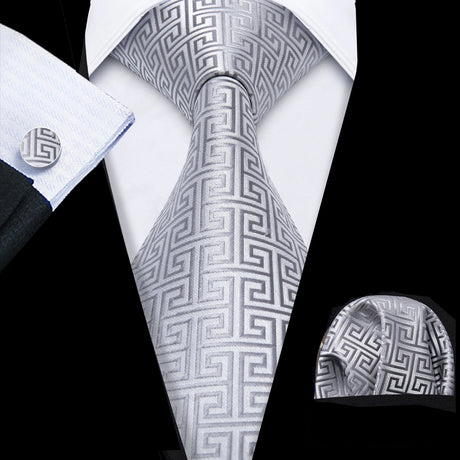 Silk Men Tie Handkerchief Cufflinks Set silver grey