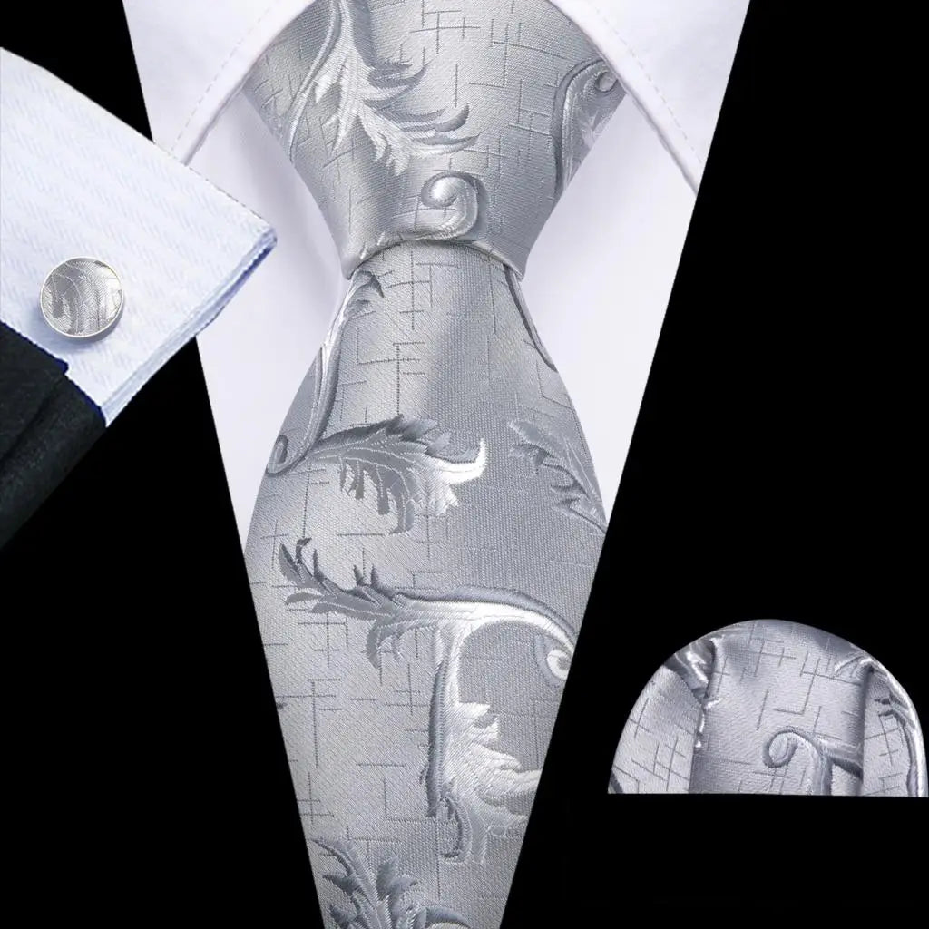 Silk Men Tie Handkerchief Cufflinks Set silver grey