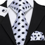 Silk Men Tie Handkerchief Cufflinks Set white black