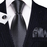 Silk Men Tie Handkerchief Cufflinks Set silver black