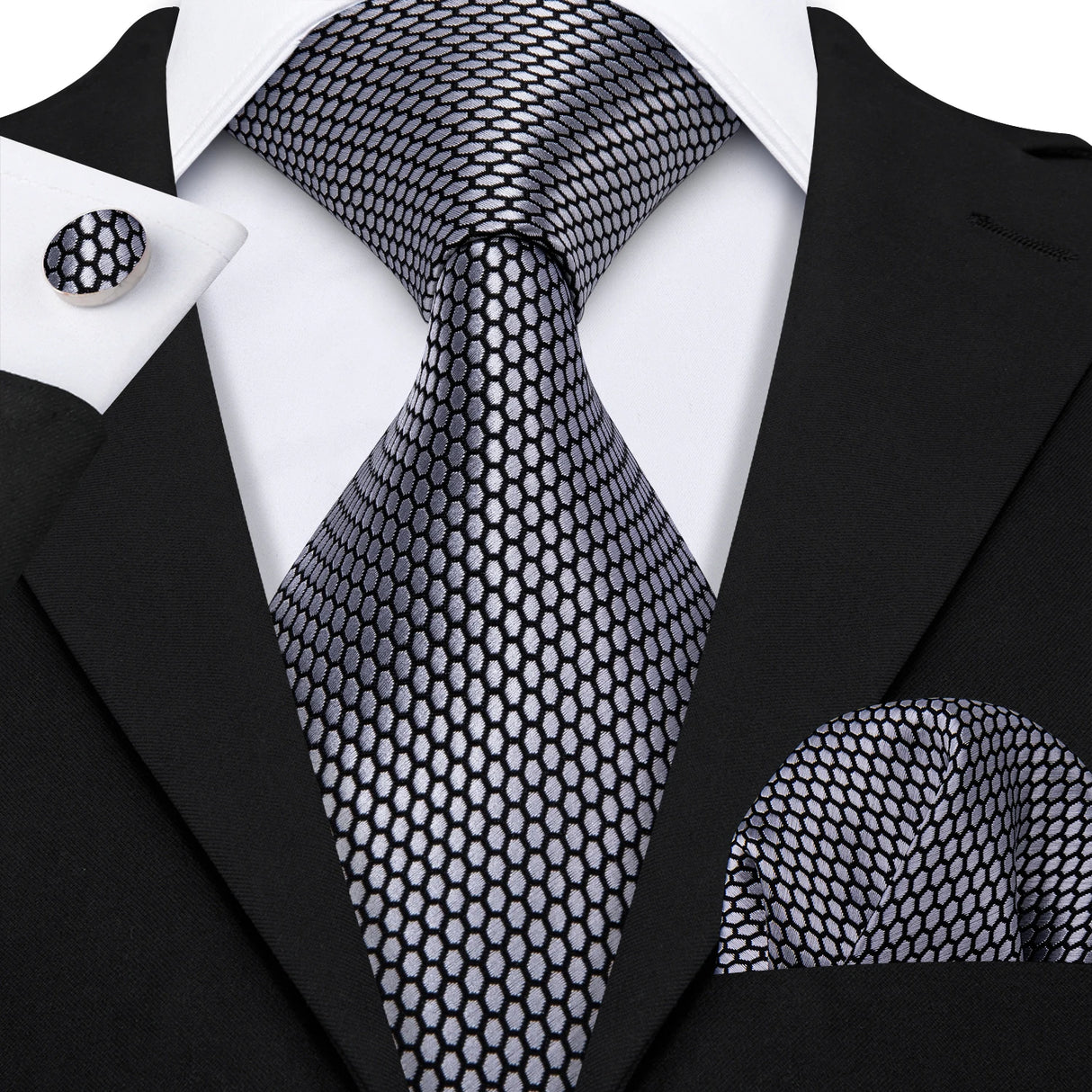 Silk Men Tie Handkerchief Cufflinks Set black silver