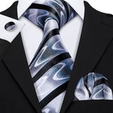 Silk Men Tie Handkerchief Cufflinks Set black blue