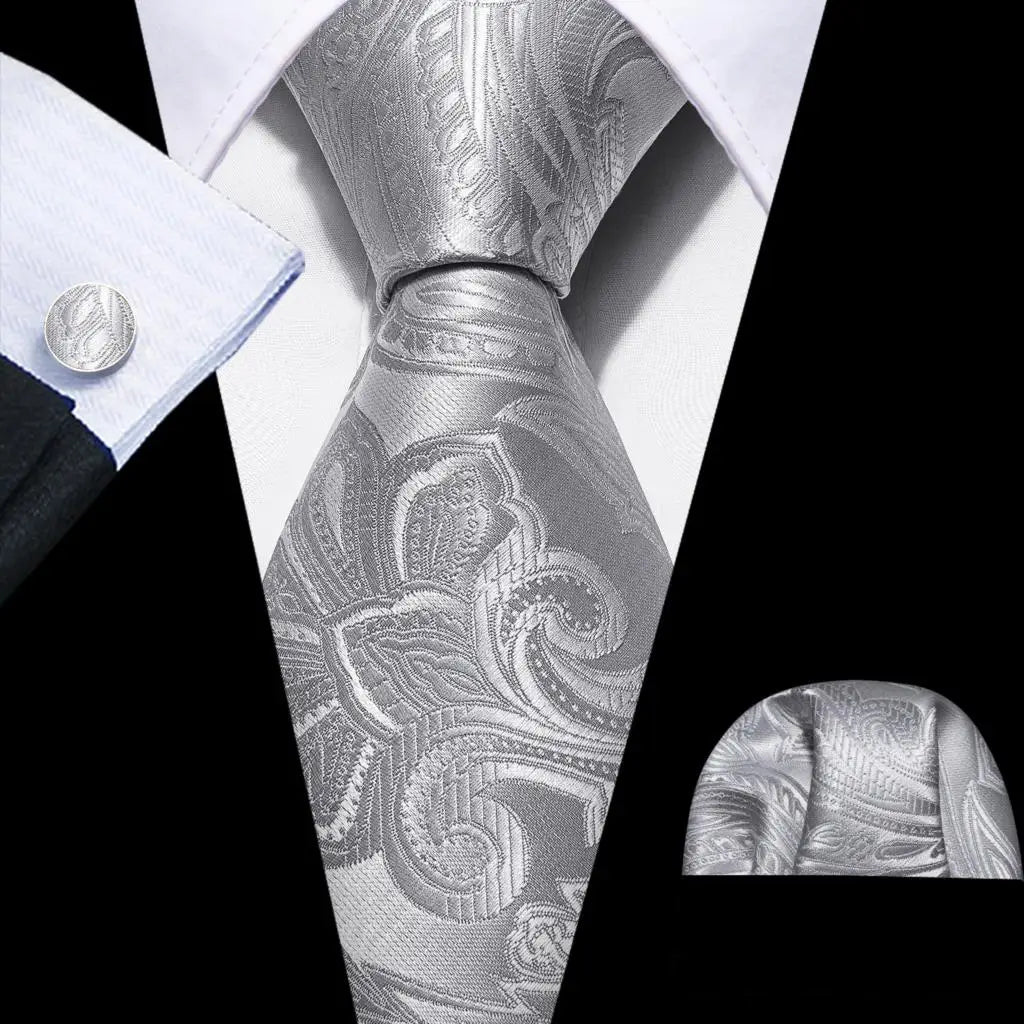 Silk Men Tie Handkerchief Cufflinks Set silver