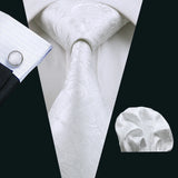 Silk Men Tie Handkerchief Cufflinks Set white