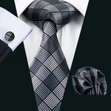 Silk Men Tie Handkerchief Cufflinks Set white blue black