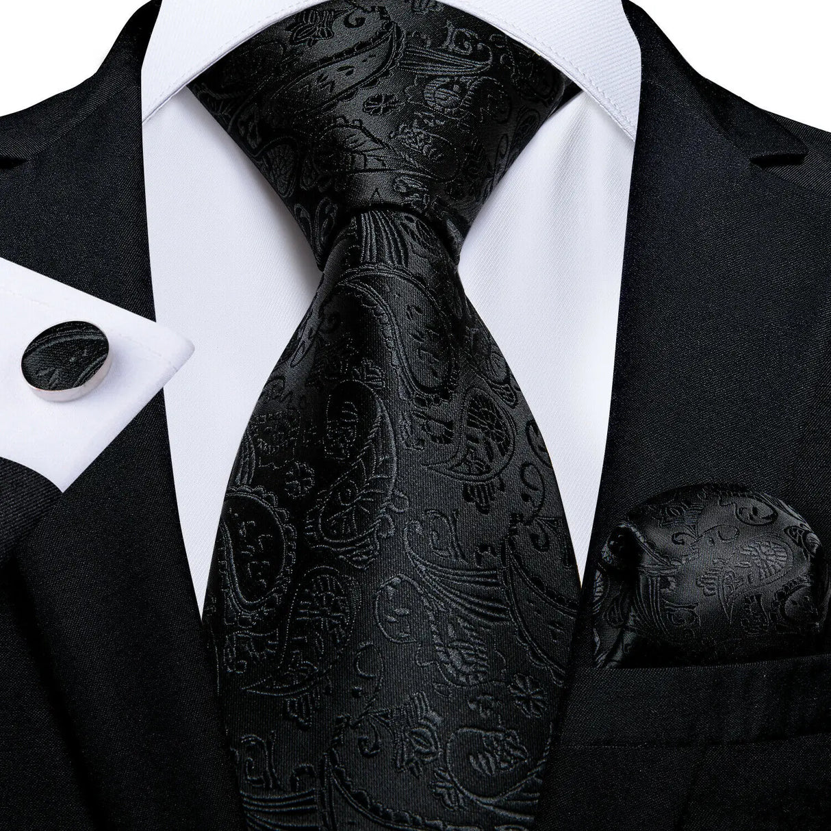 Silk Men Tie Handkerchief Cufflinks Set black