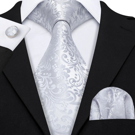 Silk Men Tie Handkerchief Cufflinks Set silver