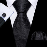 Silk Men Tie Handkerchief Cufflinks Set black