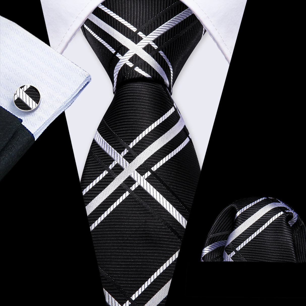 Silk Men Tie Handkerchief Cufflinks Set black white