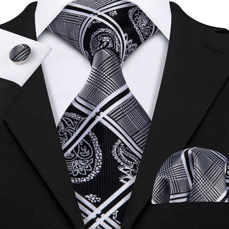 Silk Men Tie Handkerchief Cufflinks Set black white 