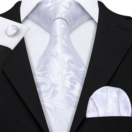 Silk Men Tie Handkerchief Cufflinks Set white