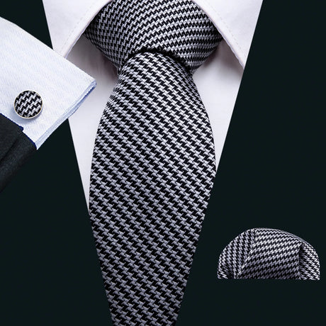 Silk Men Tie Handkerchief Cufflinks Set black white