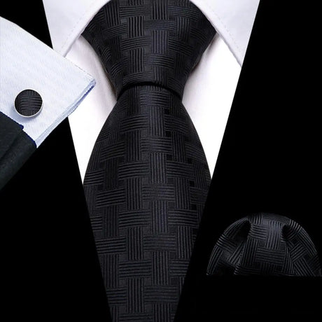 Silk Men Tie Handkerchief Cufflinks Set black