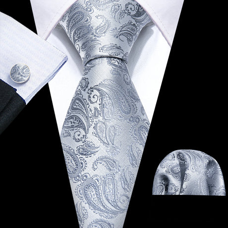 Silk Men Tie Handkerchief Cufflinks Set silver