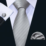 Silk Men Tie Handkerchief Cufflinks Set grey