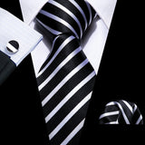 Silk Men Tie Handkerchief Cufflinks Set black white