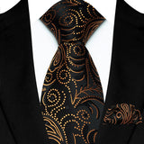 Gold Black Silk Polyester 8cm Pocket Square Necktie Set