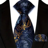 Blue Gold Silk Polyester 8cm Pocket Square Necktie Set