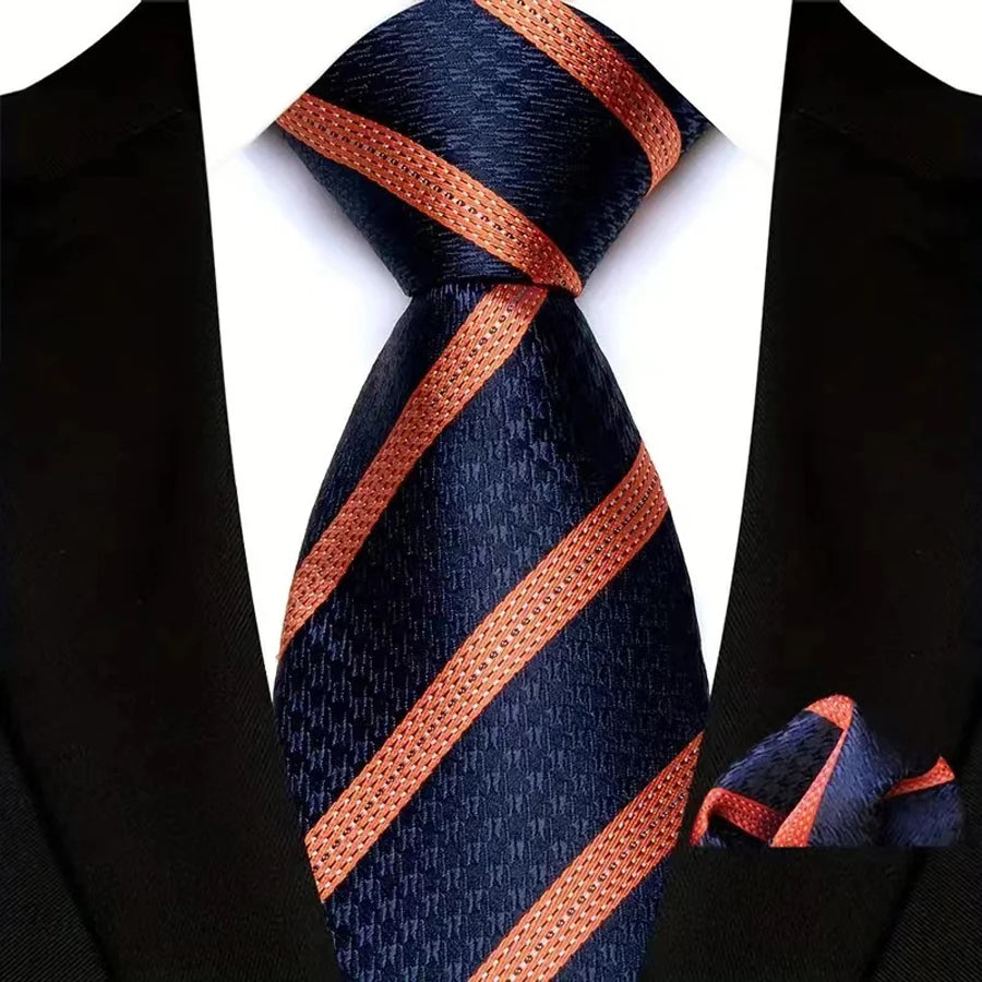 Blue Orange Silk Polyester 8cm Pocket Square Necktie Set