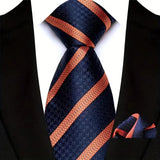 Blue Orange Silk Polyester 8cm Pocket Square Necktie Set
