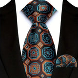 Orange Blue Silk Polyester 8cm Pocket Square Necktie Set