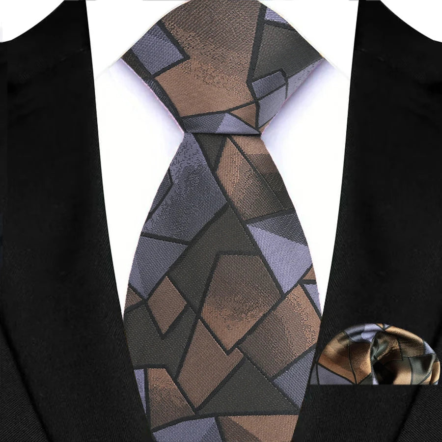 Brown Gray Silk Polyester 8cm Pocket Square Necktie Set