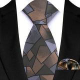 Brown Gray Silk Polyester 8cm Pocket Square Necktie Set