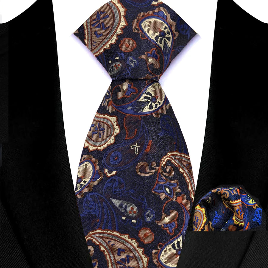 Blue Brown Silk Polyester 8cm Pocket Square Necktie Set