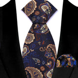 Blue Brown Silk Polyester 8cm Pocket Square Necktie Set