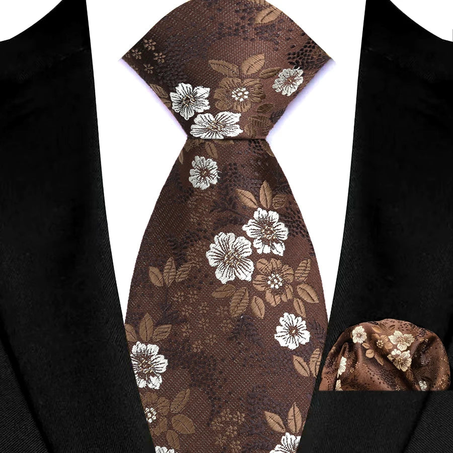 Brown Silk Polyester 8cm Pocket Square Necktie Set