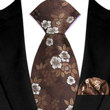Brown Silk Polyester 8cm Pocket Square Necktie Set