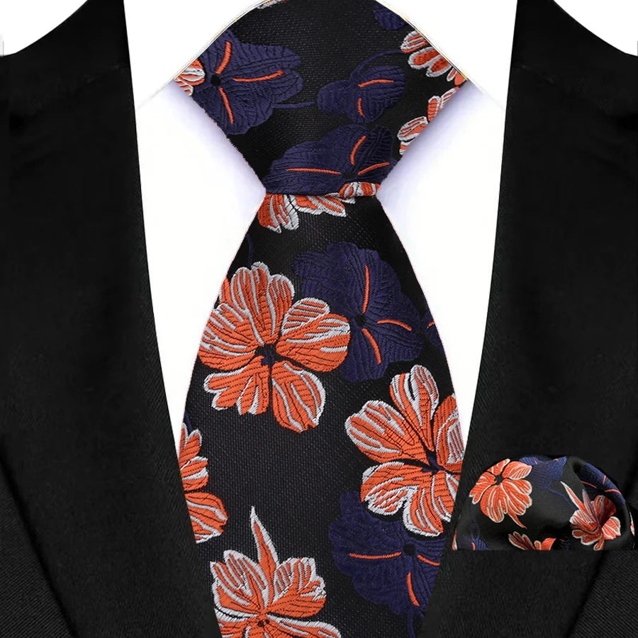Orange Blue Silk Polyester 8cm Pocket Square Necktie Set