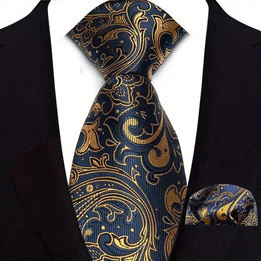 Black Gold Silk Polyester 8cm Pocket Square Necktie Set