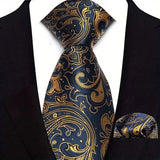 Black Gold Silk Polyester 8cm Pocket Square Necktie Set