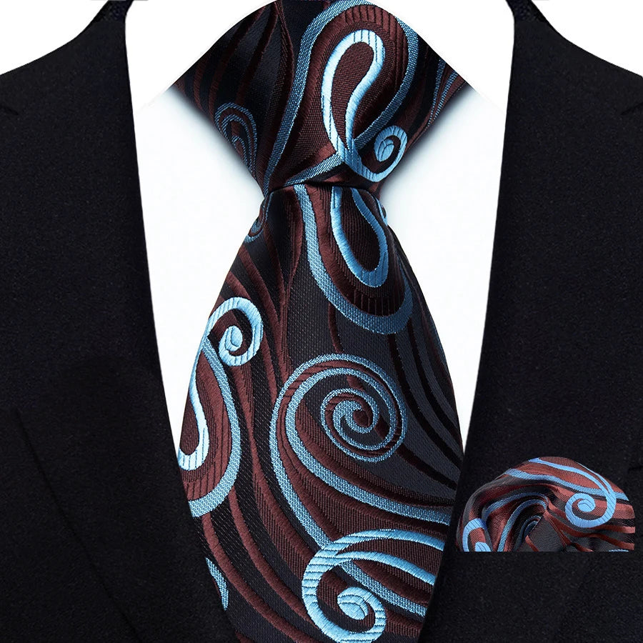 Blue Brown Black Silk Polyester 8cm Pocket Square Necktie Set
