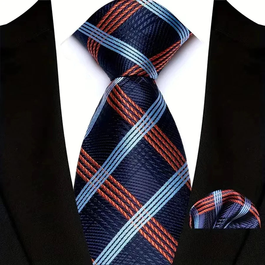 Blue Orange Silk Polyester 8cm Pocket Square Necktie Set