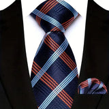 Blue Orange Silk Polyester 8cm Pocket Square Necktie Set
