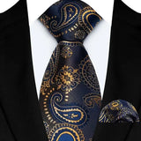 Blue Gold Silk Polyester 8cm Pocket Square Necktie Set