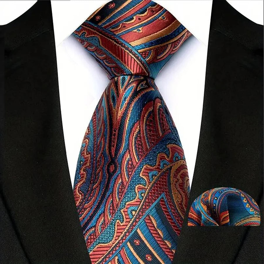 Red Blue Silk Polyester 8cm Pocket Square Necktie Set