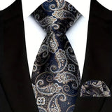Black Silver Silk Polyester 8cm Pocket Square Necktie Set
