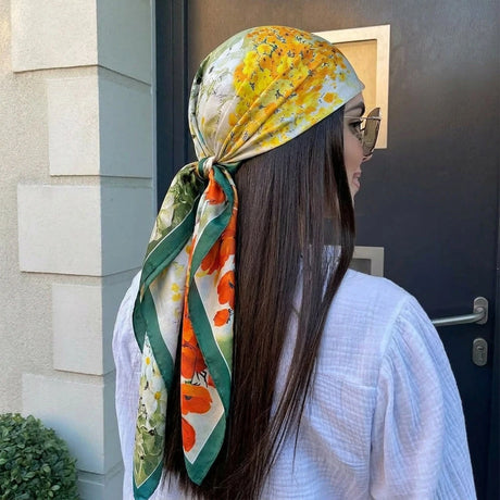 Model Using Silk Satin Paisley Wraps Bandana