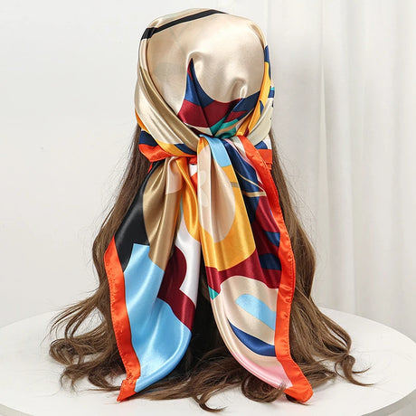 Beige Red Silk Shawl Satin Square Print Foulard Hijab Wraps Bandana