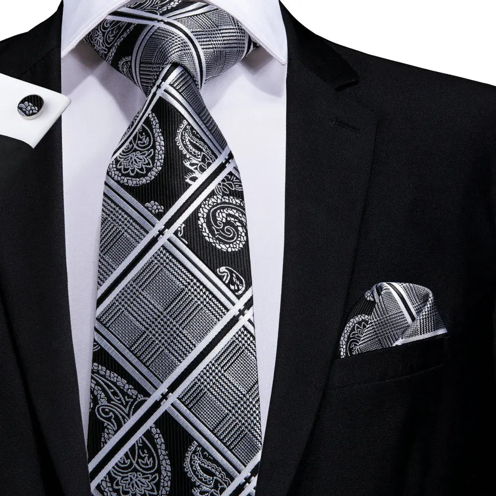 Gray Black Silk Wedding Tie Cufflink Set Fashion Designer Necktie