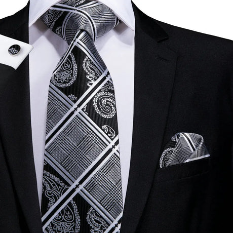 Gray Black Silk Wedding Tie Cufflink Set Fashion Designer Necktie