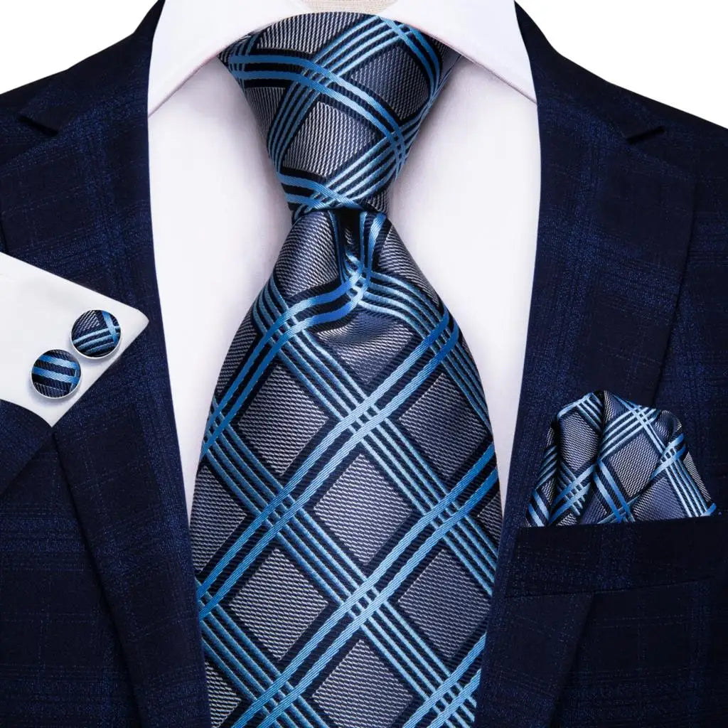 Blue Gray Silk Wedding Tie Cufflink Set Fashion Designer Necktie